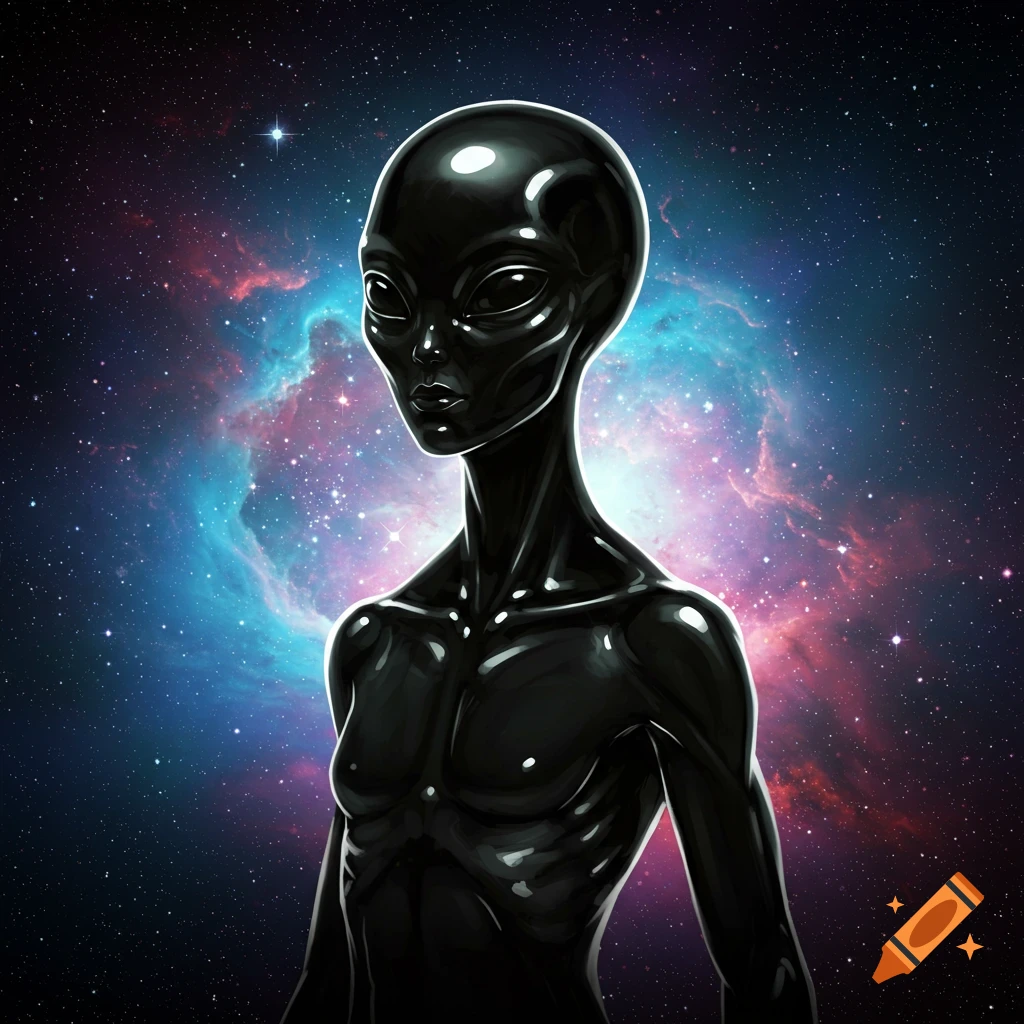 A shiny black alien figure stands against a colorful nebula in space.