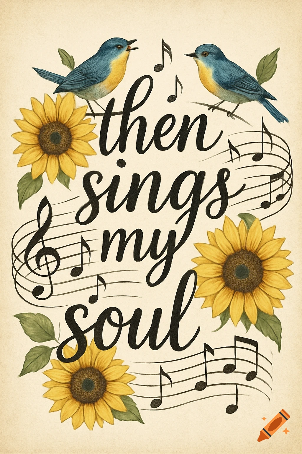 Illustration of two blue birds singing with sunflowers, music notes, and text "then sings my soul".