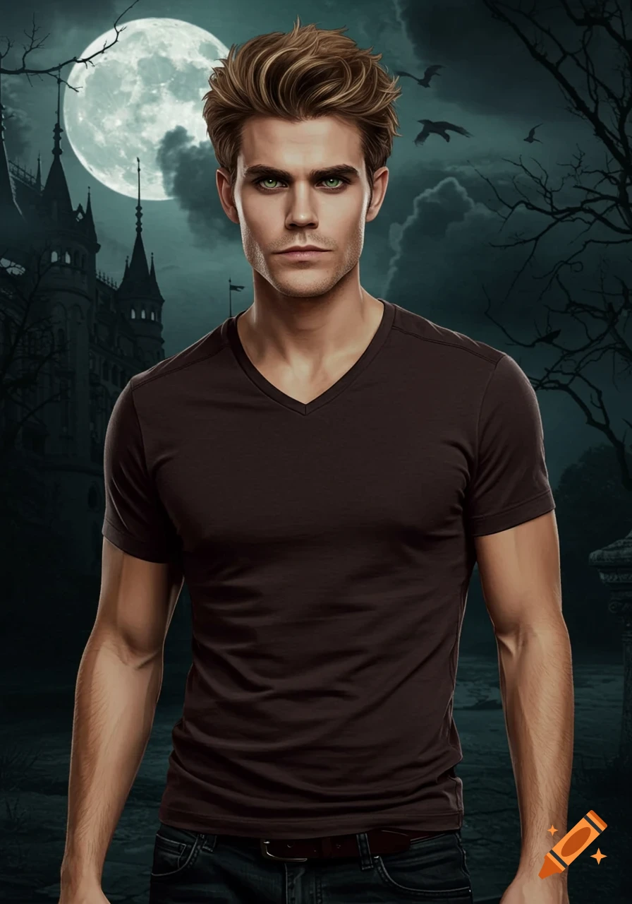 A man with blonde hair and green eyes stands before a gothic castle under a full moon with bats flying.