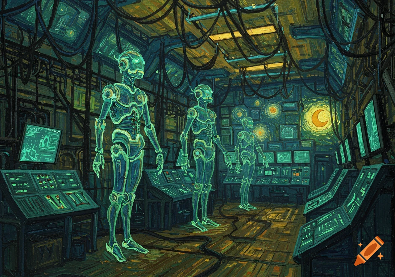 Three robots stand in a futuristic computer room with screens, in a Van ...