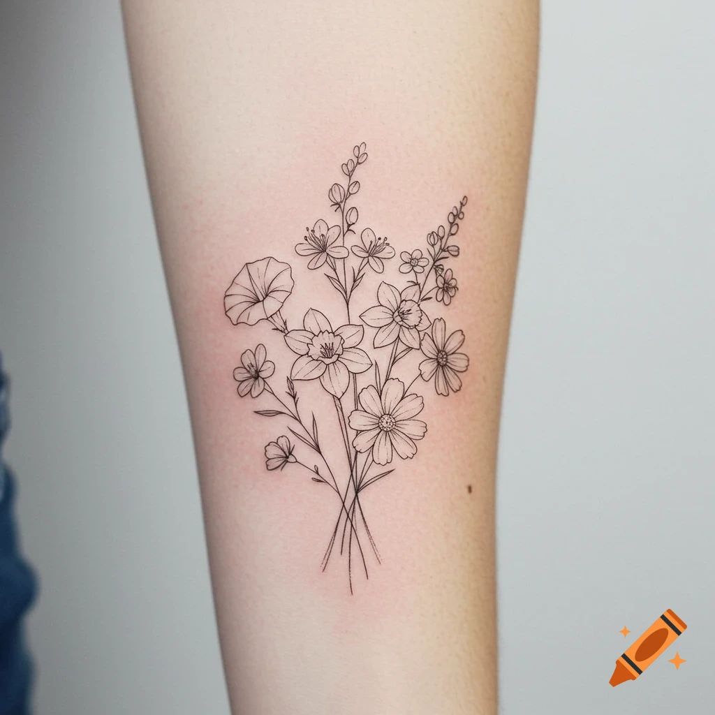 Line art tattoo of a bouquet of wild flowers on an arm.