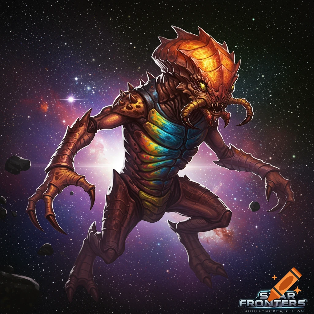 An illustration of a Vrusk alien creature standing in outer space with stars and nebulae.