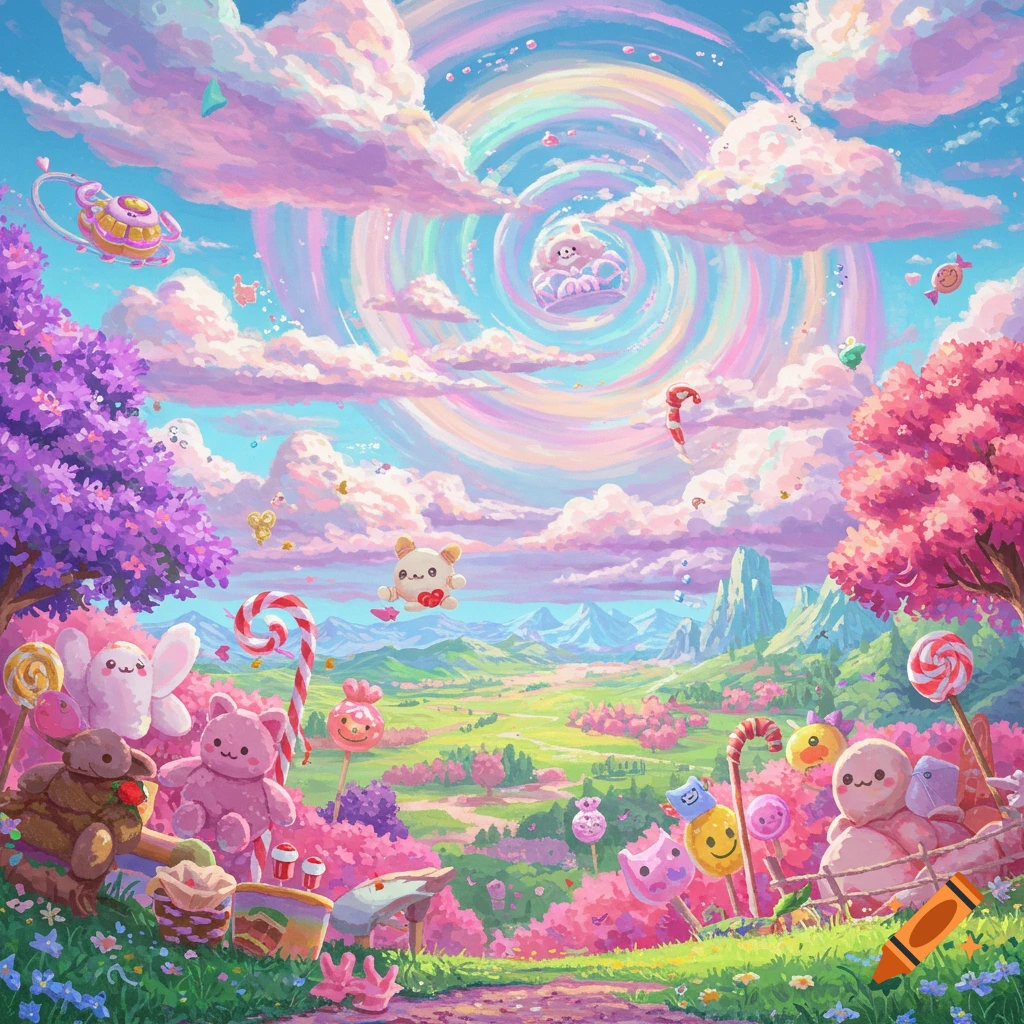 A vibrant pastel dreamcore landscape featuring floating clouds, candy, and cute plush-like characters.