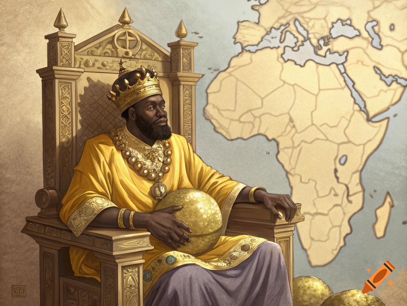 Mansa Musa on a golden throne holding a gold orb with a map of Africa behind him.