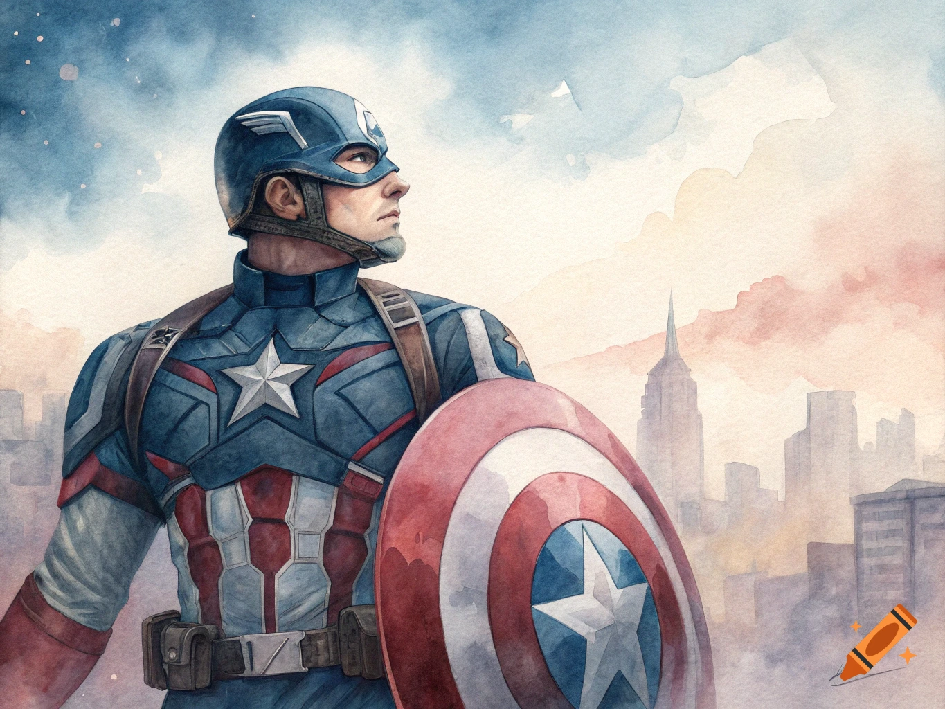 Watercolor painting of Captain America holding his shield with a city skyline background