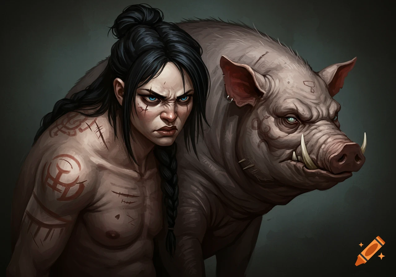 A scowling tribal figure with tattoos stands next to a large, fierce-looking pig with tusks.