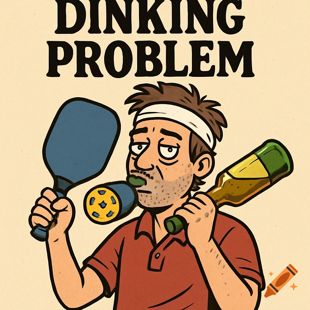 Cartoon man holding a pickleball paddle and beer bottle with 'DINKING PROBLEM' text.