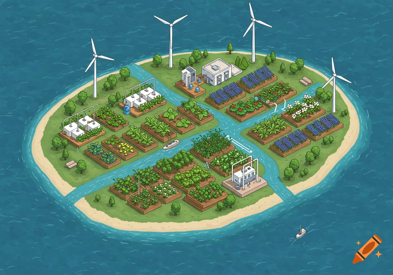 Isometric illustration of a sustainable island with farms, solar panels, and wind turbines.