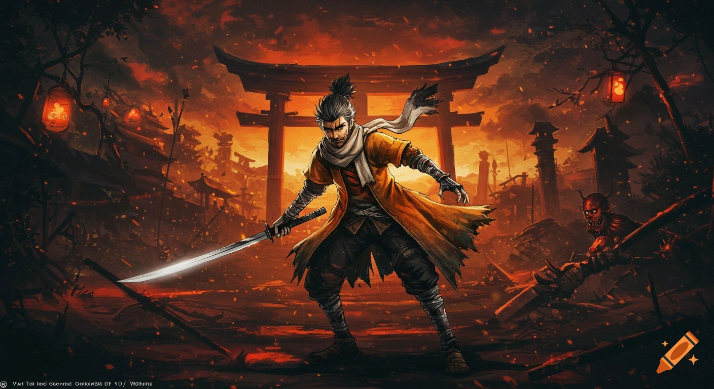 A samurai stands ready with a sword in a fiery, ruined Japanese landscape under an orange sky.