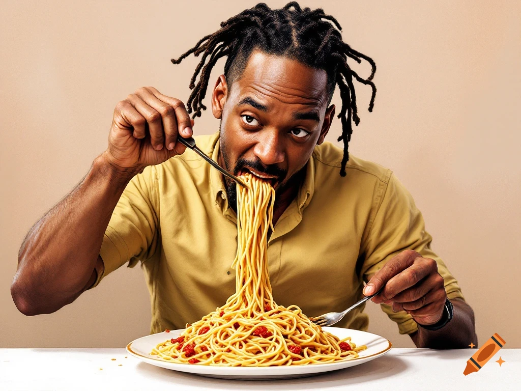 A man with dreadlocks eats a large plate of spaghetti with marinara.