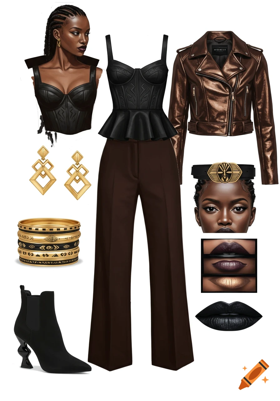 Flat lay of black corset, brown pants, bronze jacket, boots, gold accessories, and makeup.