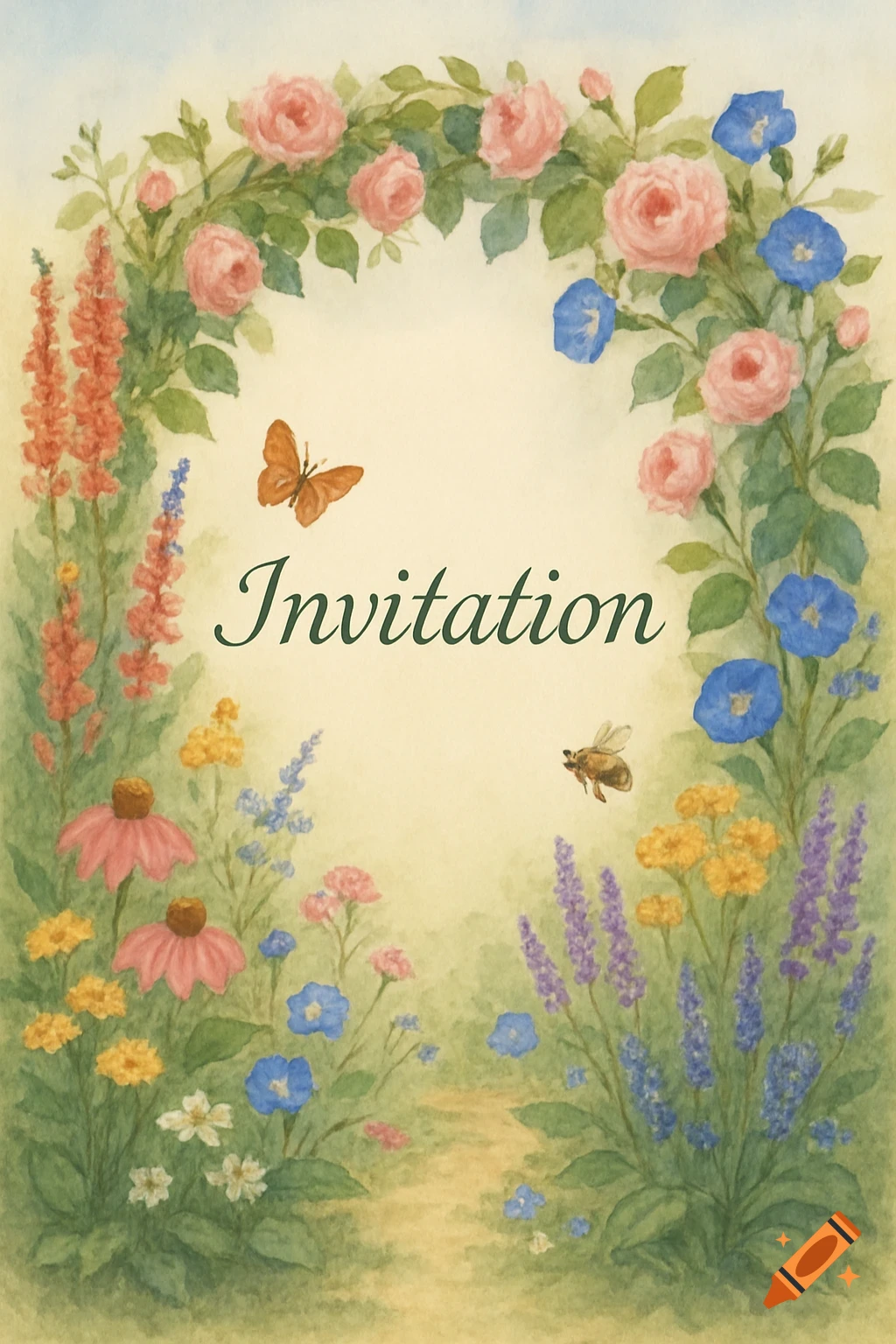 Watercolor illustration of a garden border with flowers, butterfly, bee, and 'Invitation' text.