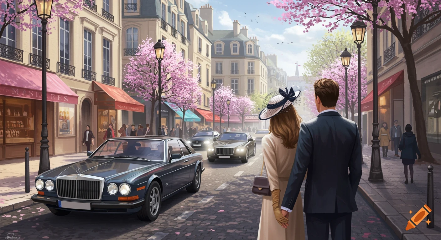 Elegant couple walking on a spring street in Paris with classic cars.