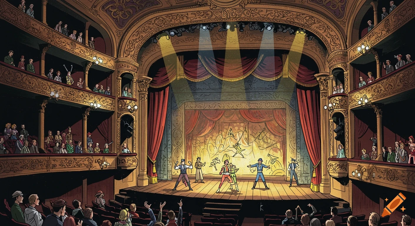 A theatre audience watches performers on a stage in a detailed comic book style.
