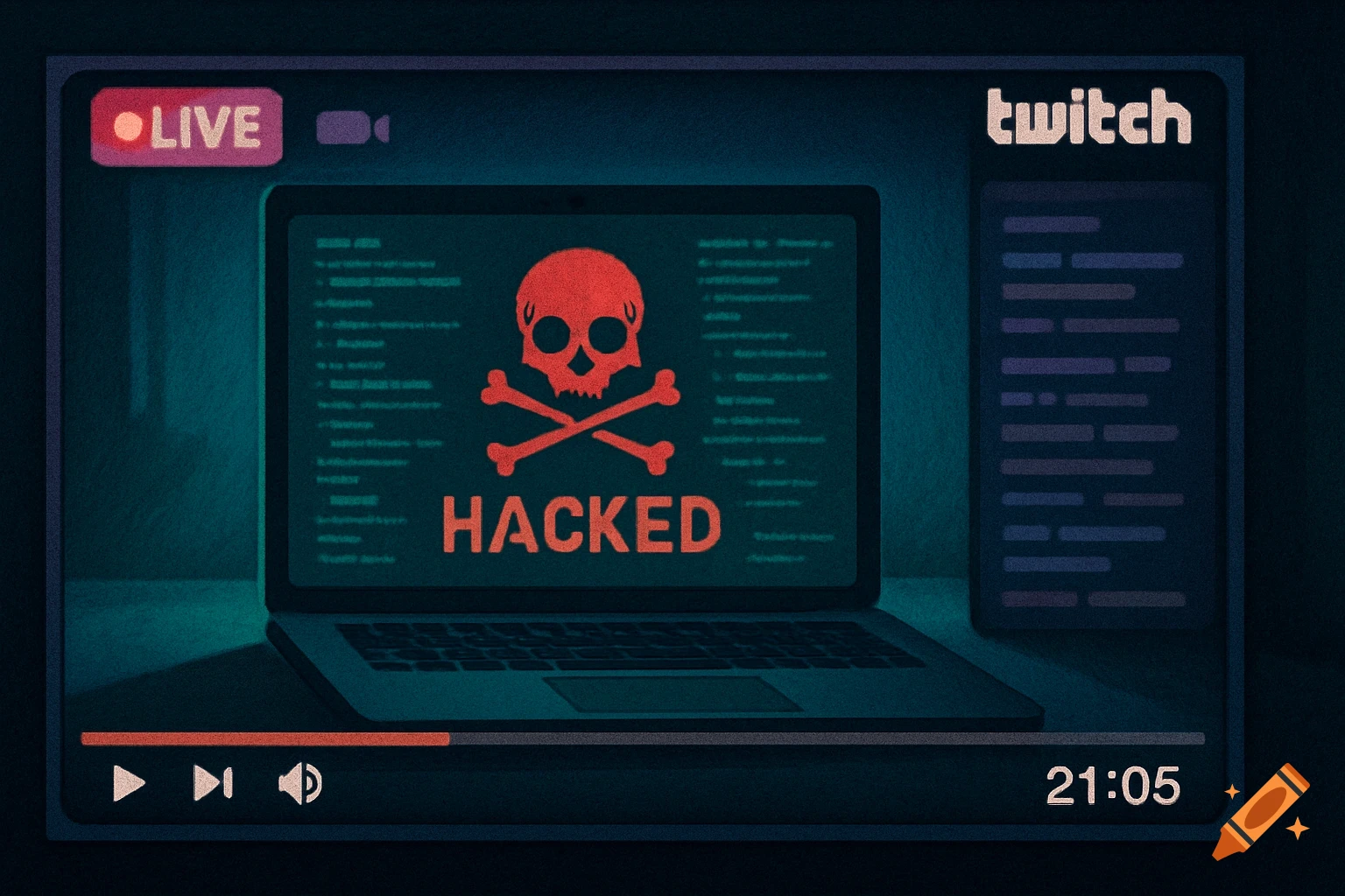 A laptop screen with a skull and crossbones and 'HACKED' shown in a Twitch live stream overlay.