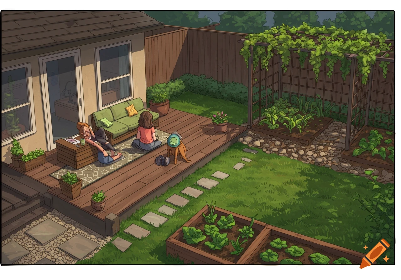 Illustrative scene of two people relaxing on a deck in a backyard with a garden.