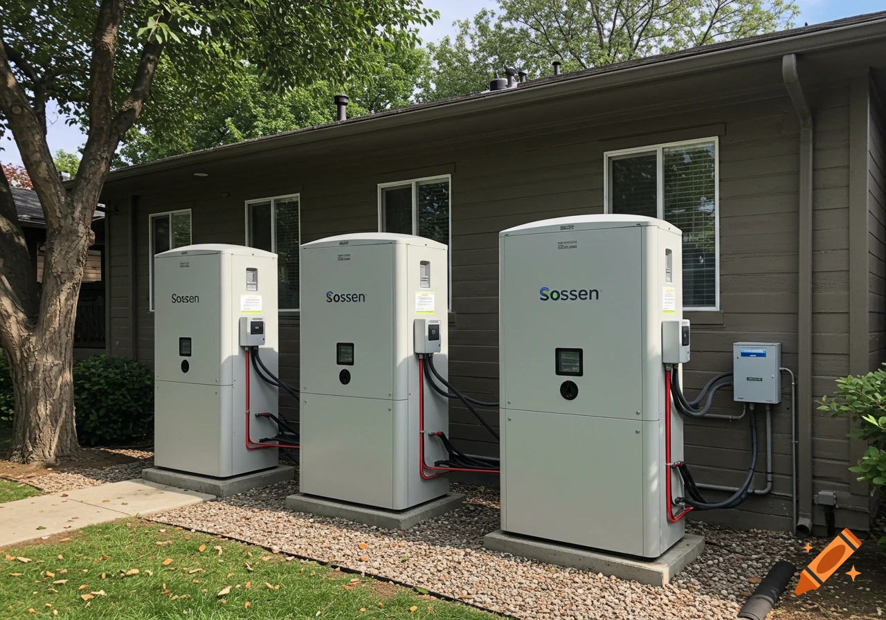 Three white Sossen solar battery units installed side-by-side on gravel outside a brown apartment building with visible cable connections.