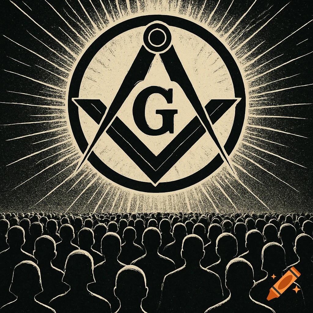 Graphic illustration of a Masonic symbol with a 'G' above a crowd of silhouettes, radiating light.