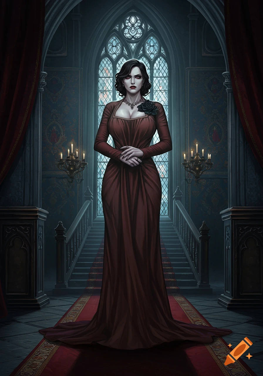 Tall woman in a long red dress standing in a gothic castle hall
