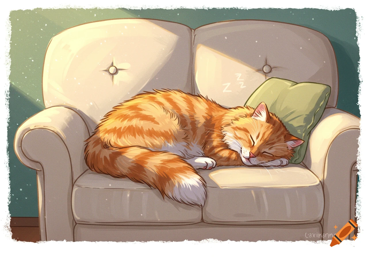 An orange tabby cat sleeps soundly on a beige sofa with ZZZ symbols overhead, in an illustration style.