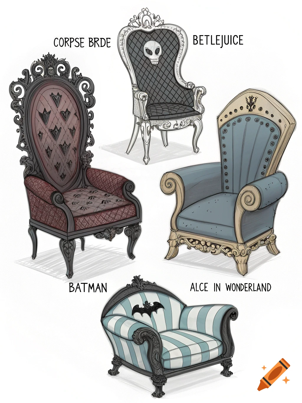 Sketches of chairs designed with movie themes: Corpse Bride, Beetlejuice, Batman, Alice in Wonderland.