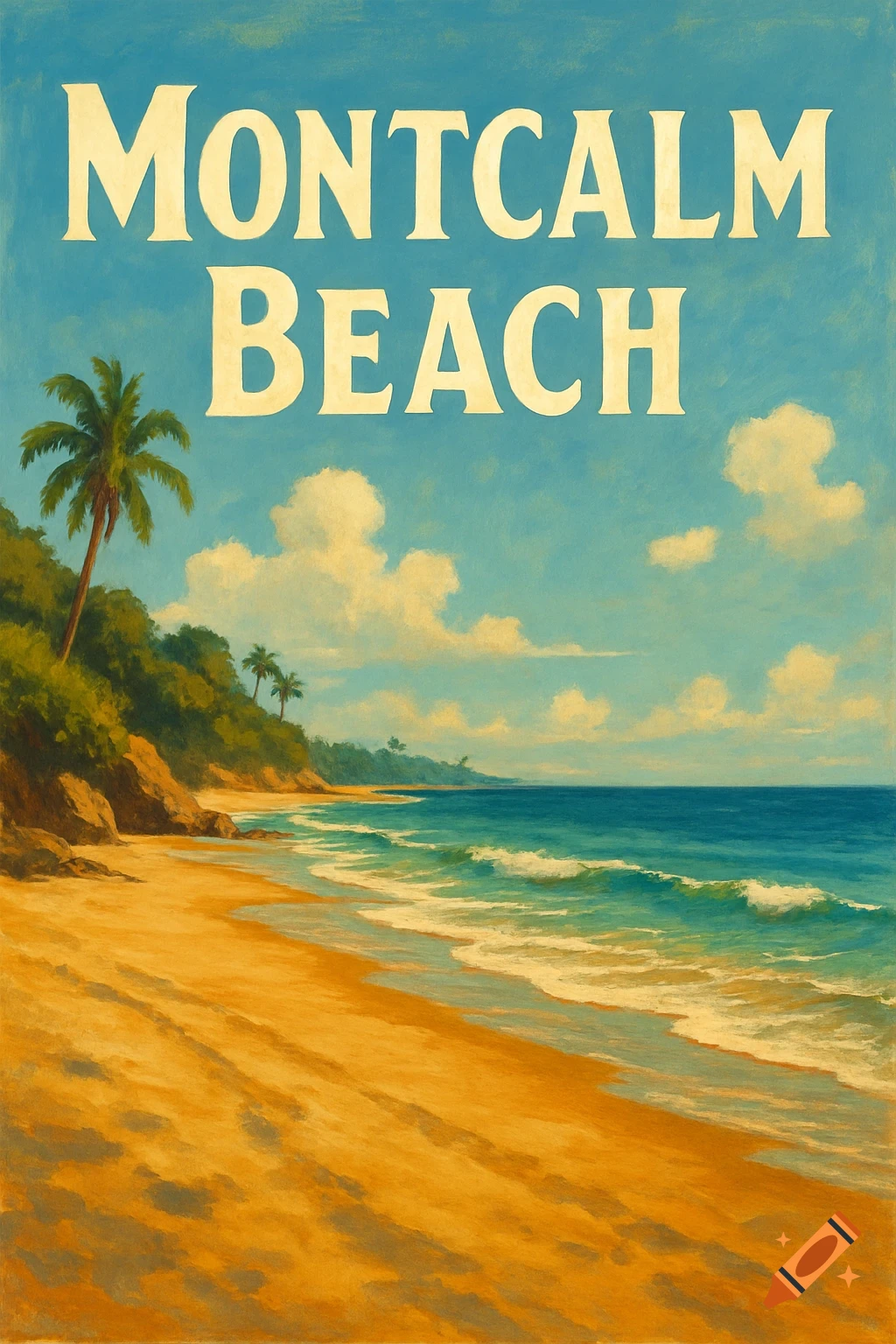 Vintage style painting of a sunny beach with palm trees and waves, with the text "MONTCALM BEACH" at the top.