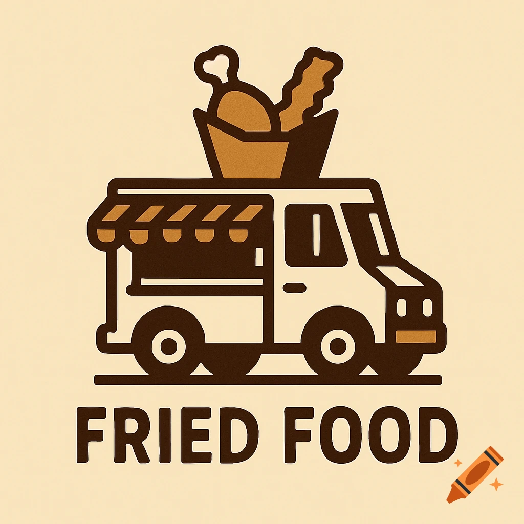A simple logo illustration of a white food truck with a brown awning, topped with a basket of fried chicken and french fries. Below the truck is the text "FRIED FOOD".