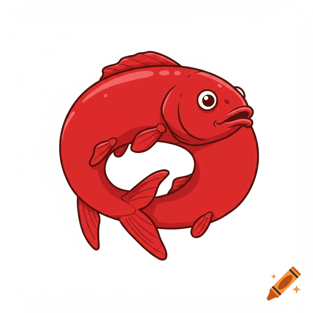 Red fish bent into a circle in clip art style