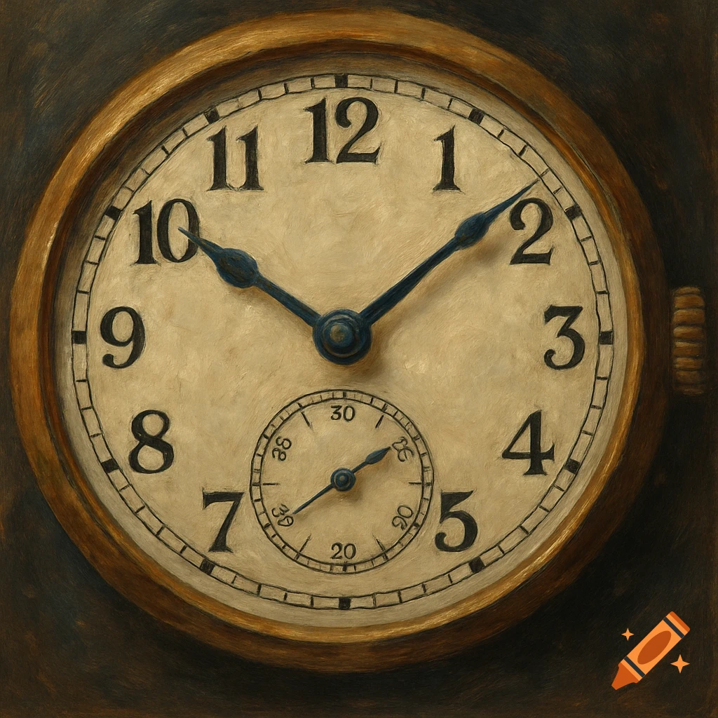 Close-up oil painting of a vintage watch face with sub-dial.