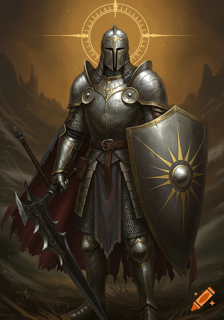 A knight in ornate silver armor holds a halberd and shield in a fantasy landscape.