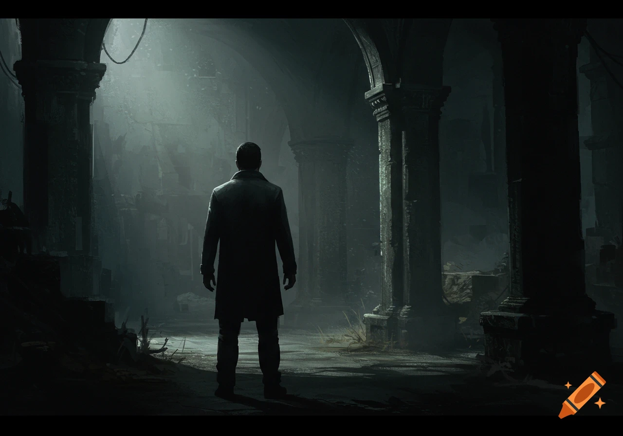 Man in trench coat stands with back to viewer in dark, ruined hall with pillars and light.