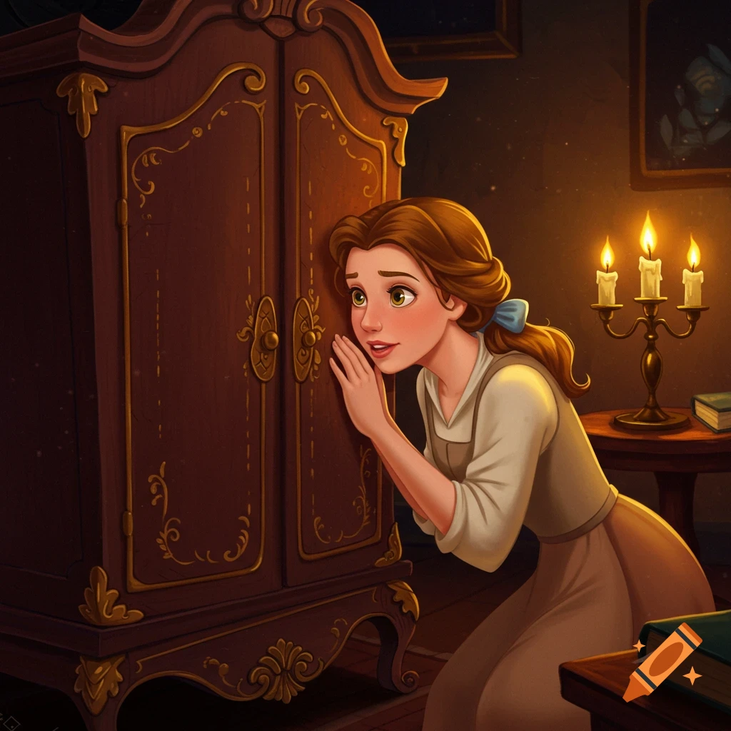 Belle from Beauty and the Beast looks intently at a large wardrobe in a dimly lit room, illustration style.
