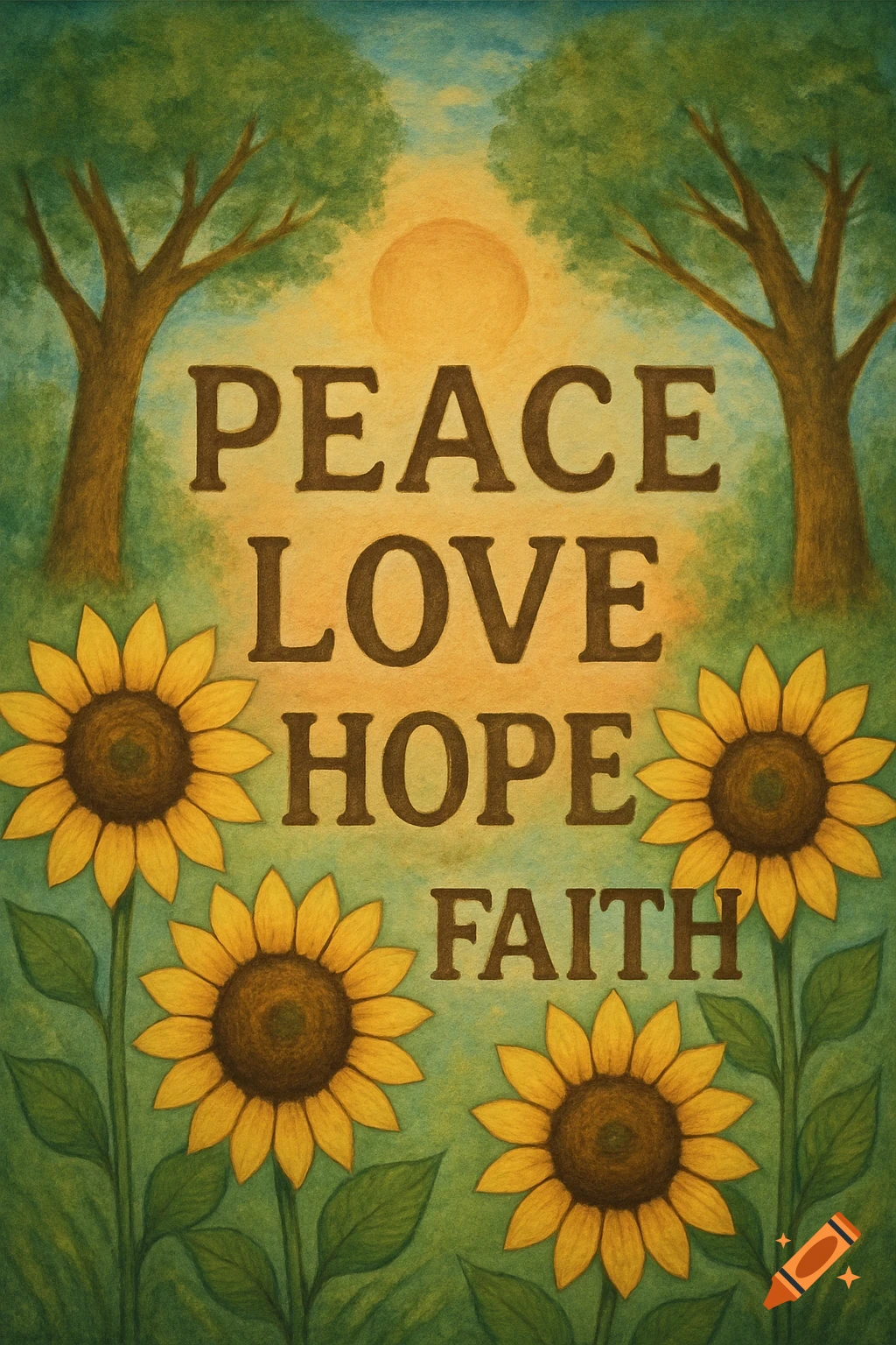 Painting of sunflowers and trees with text 'Peace Love Hope Faith'