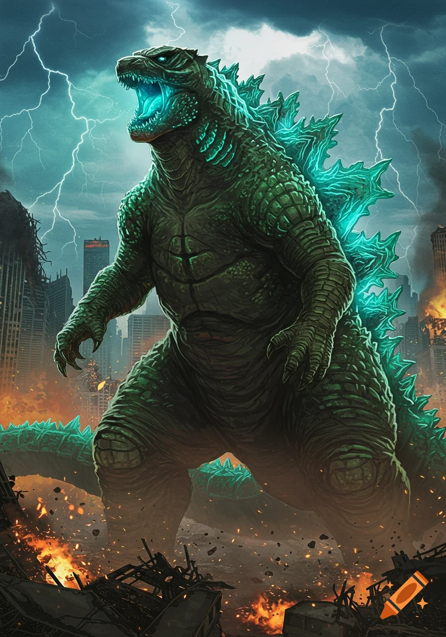 Giant green monster roaring in a destroyed city during a lightning storm
