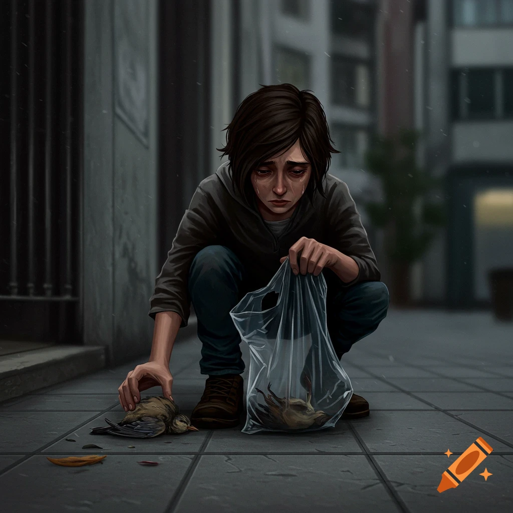 A person cries while picking up a dead bird from a street in the rain, digital painting.