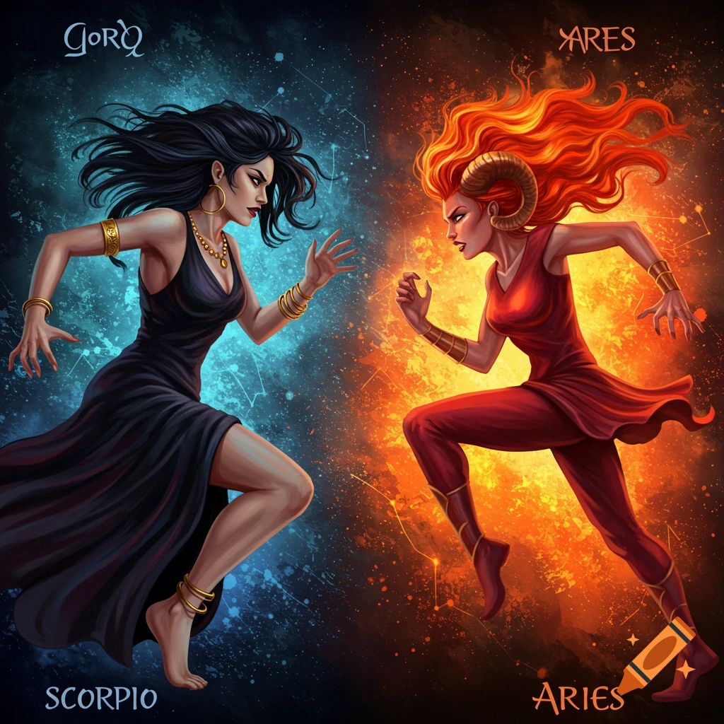 Two fantasy women representing Scorpio and Aries face off, one in blue with stars, the other in red with fire.
