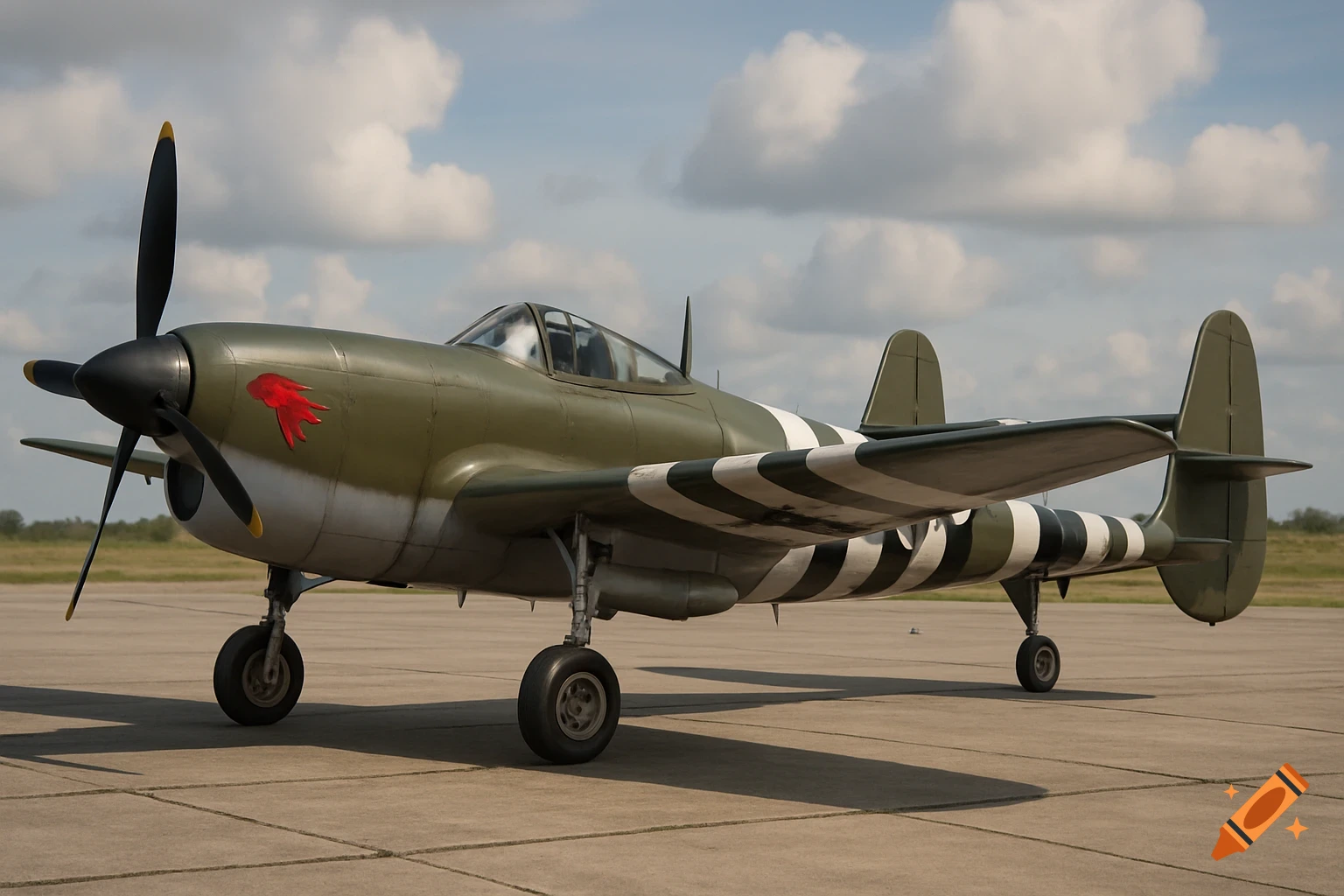 A photorealistic WWII fighter plane with green and white/black invasion stripes on a tarmac.