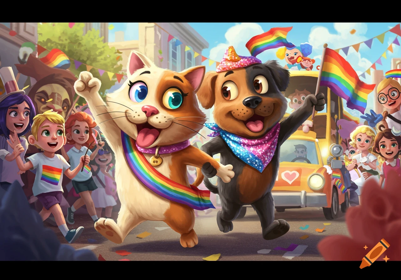A cartoon cat and dog march in a cheerful pride parade with rainbow flags and people.