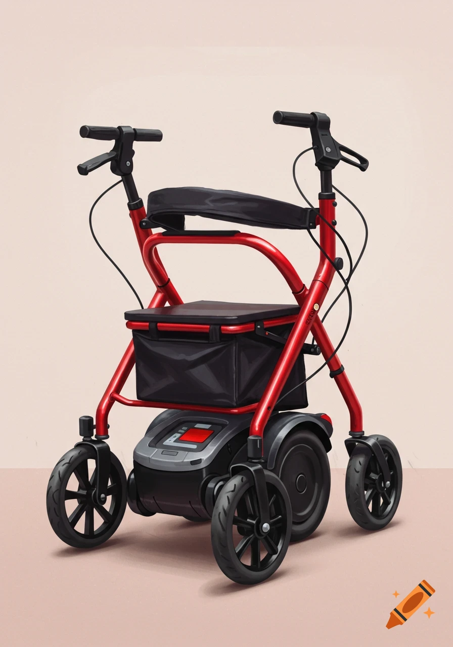 A red rollator mobility aid with a seat, storage bag, and motorized wheel.
