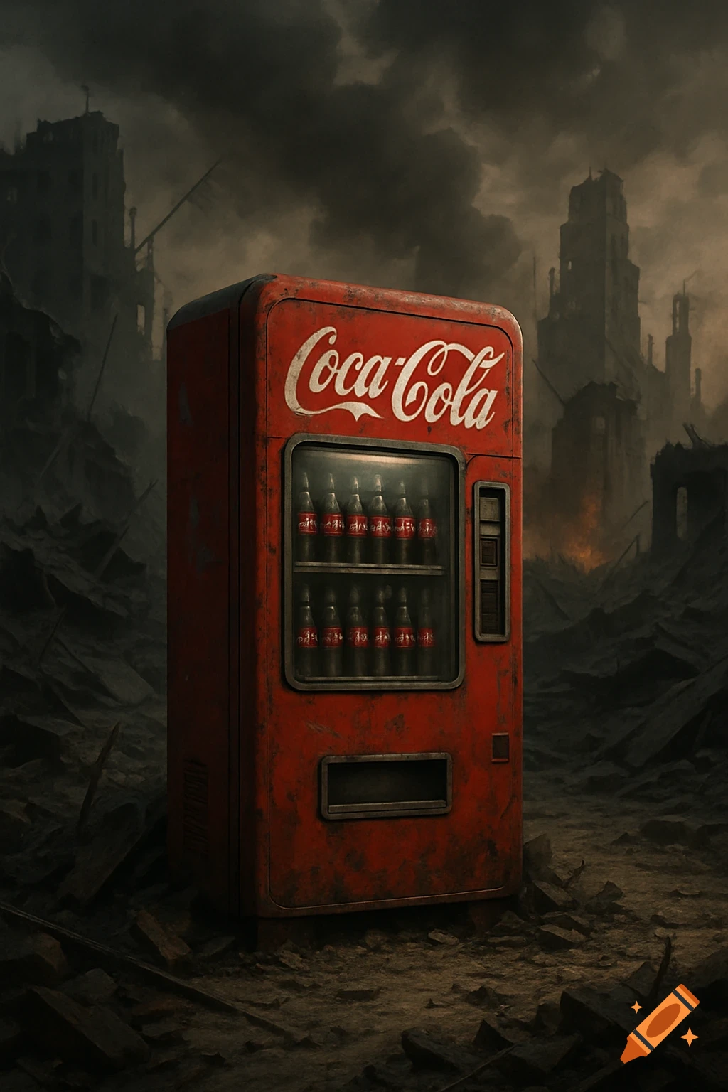 A rusted Coca-Cola vending machine stands amidst the ruins of a destroyed city under a dark, cloudy sky.