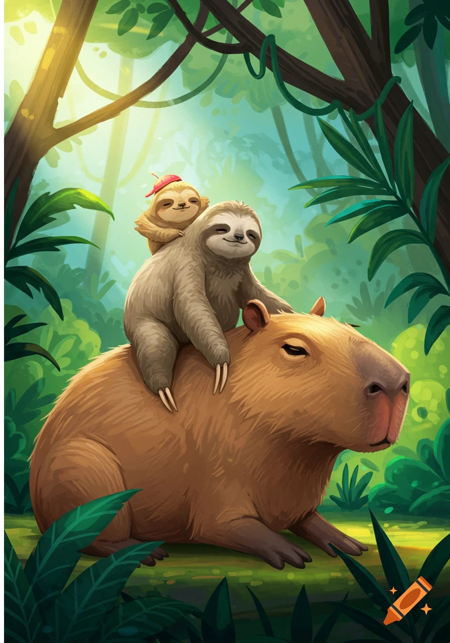 A small sloth with a red hat rides on the back of a large capybara in a sunny jungle.