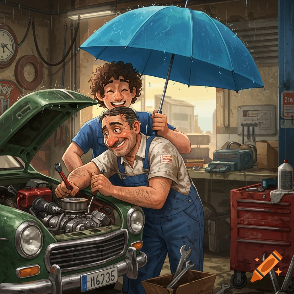 Illustrative image of two mechanics working on a car in a rainy garage, one holding an umbrella.