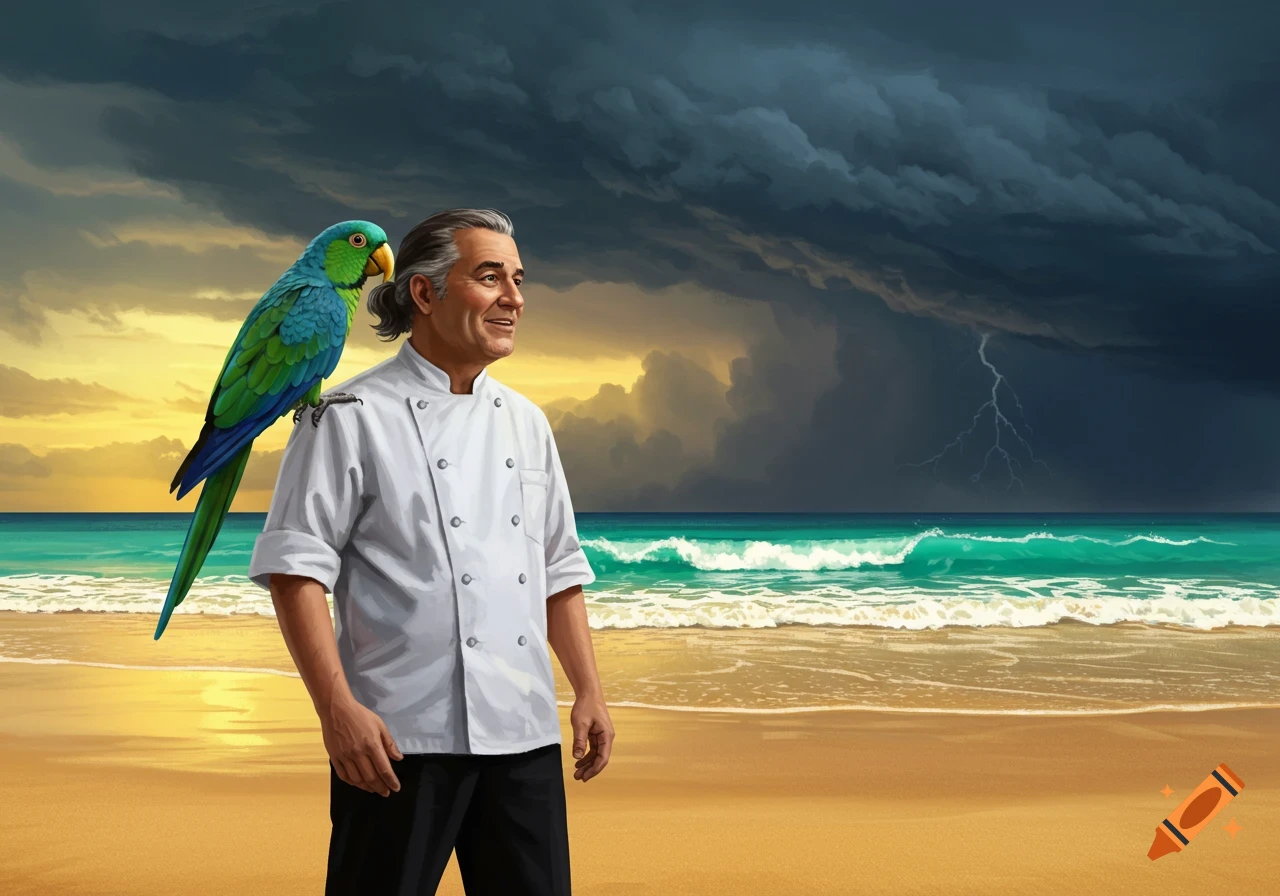 A chef with a parrot on his shoulder stands on a beach watching a storm.