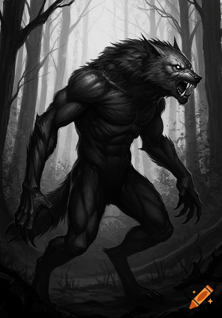 Black and white illustration of a menacing werewolf standing in a dark forest