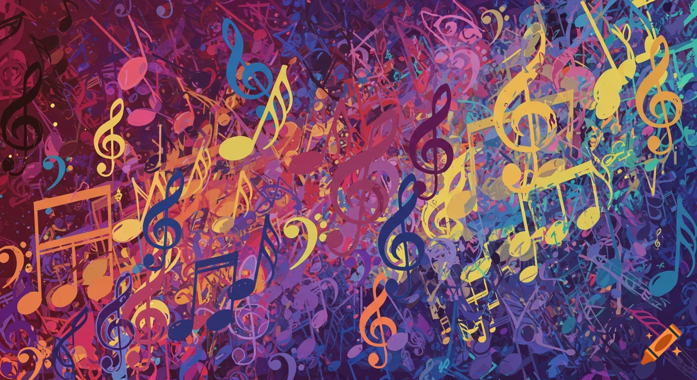 A colorful abstract background filled with musical notes.