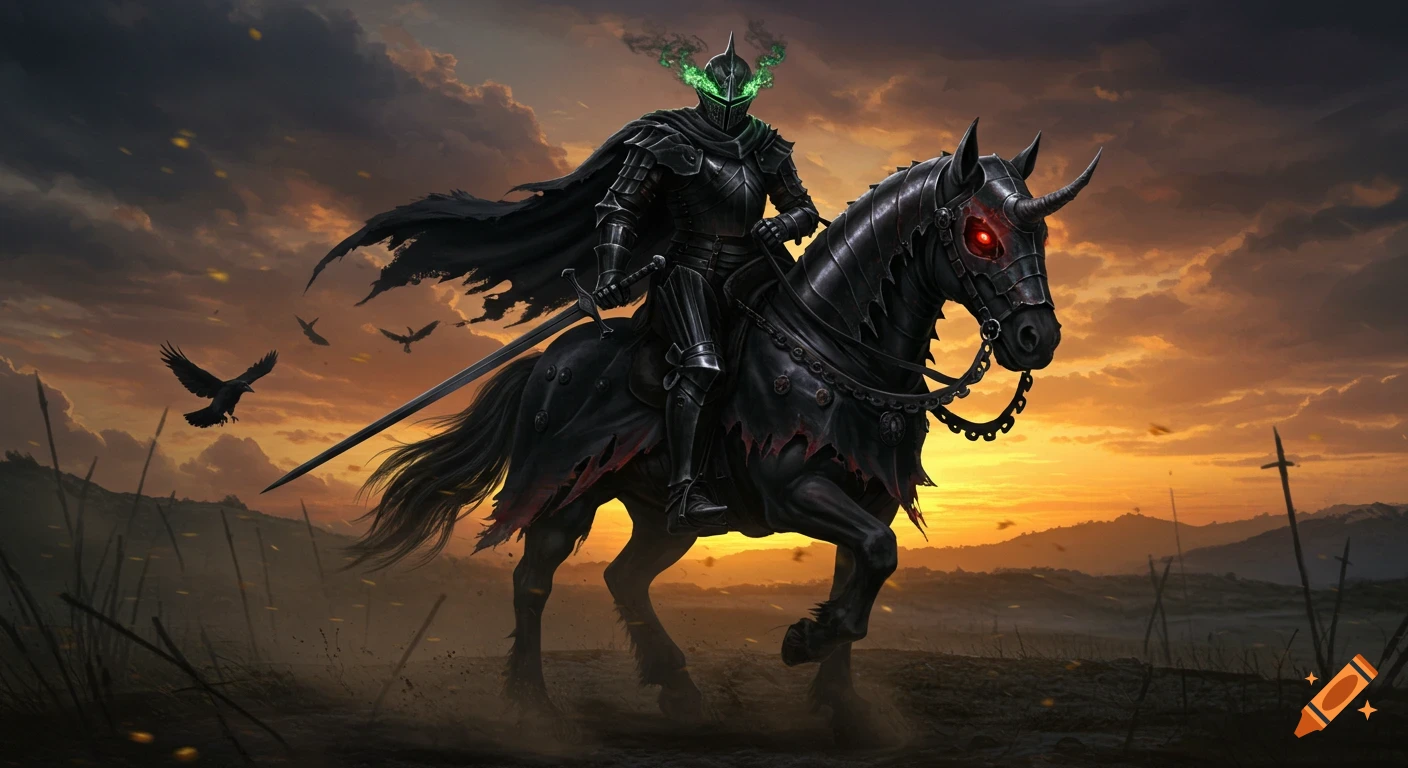 Dark knight on a horse in a desolate landscape at sunset, dark fantasy oil painting.