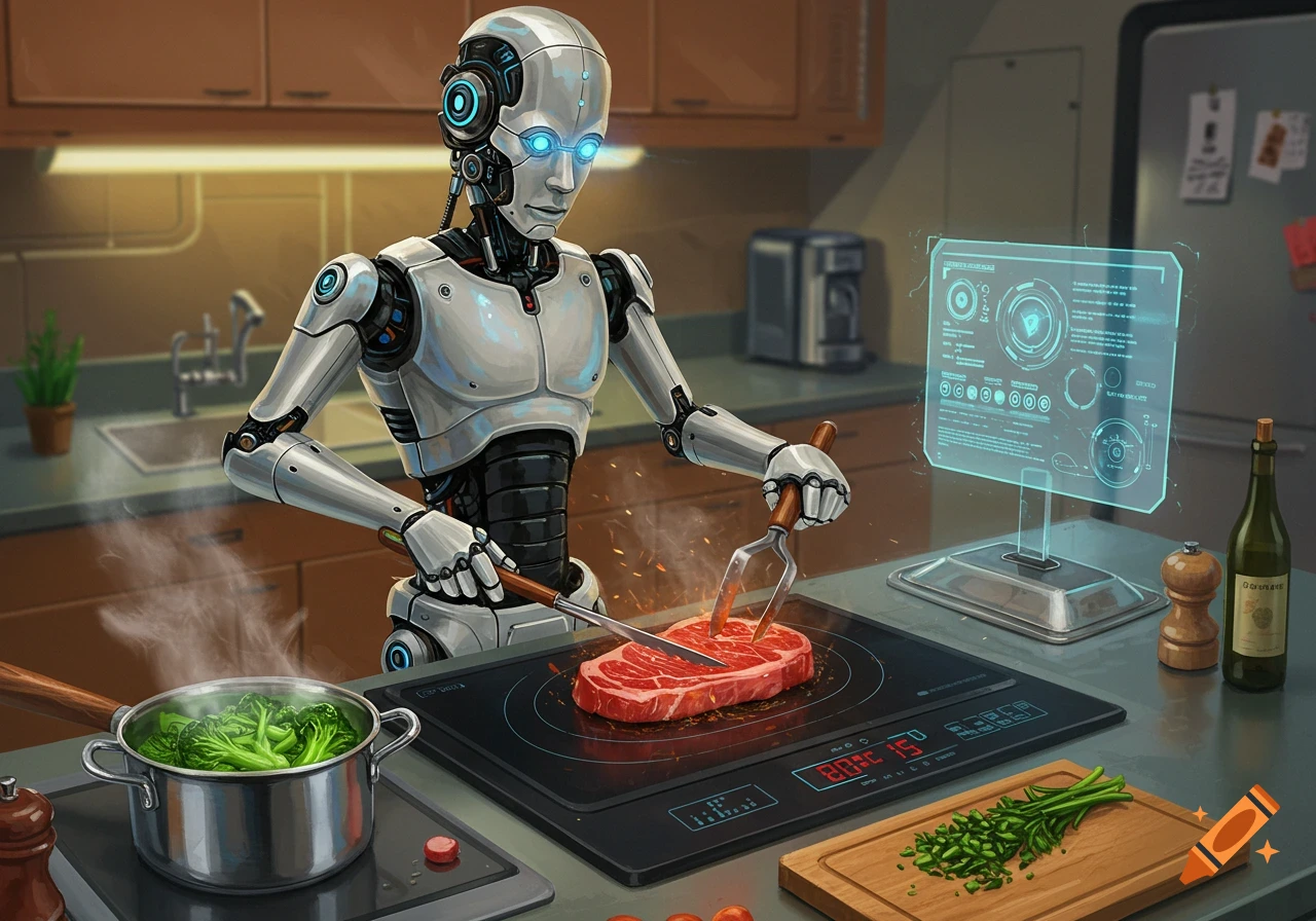 A silver robot is cooking a steak and broccoli in a modern kitchen with ...