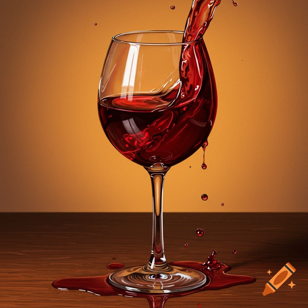 Red wine pours into and overflows a glass onto a wooden table.