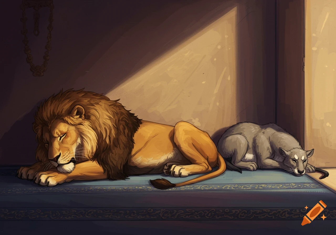 Illustrated lion and large gray cat sleeping on a decorative rug in a dimly lit room.
