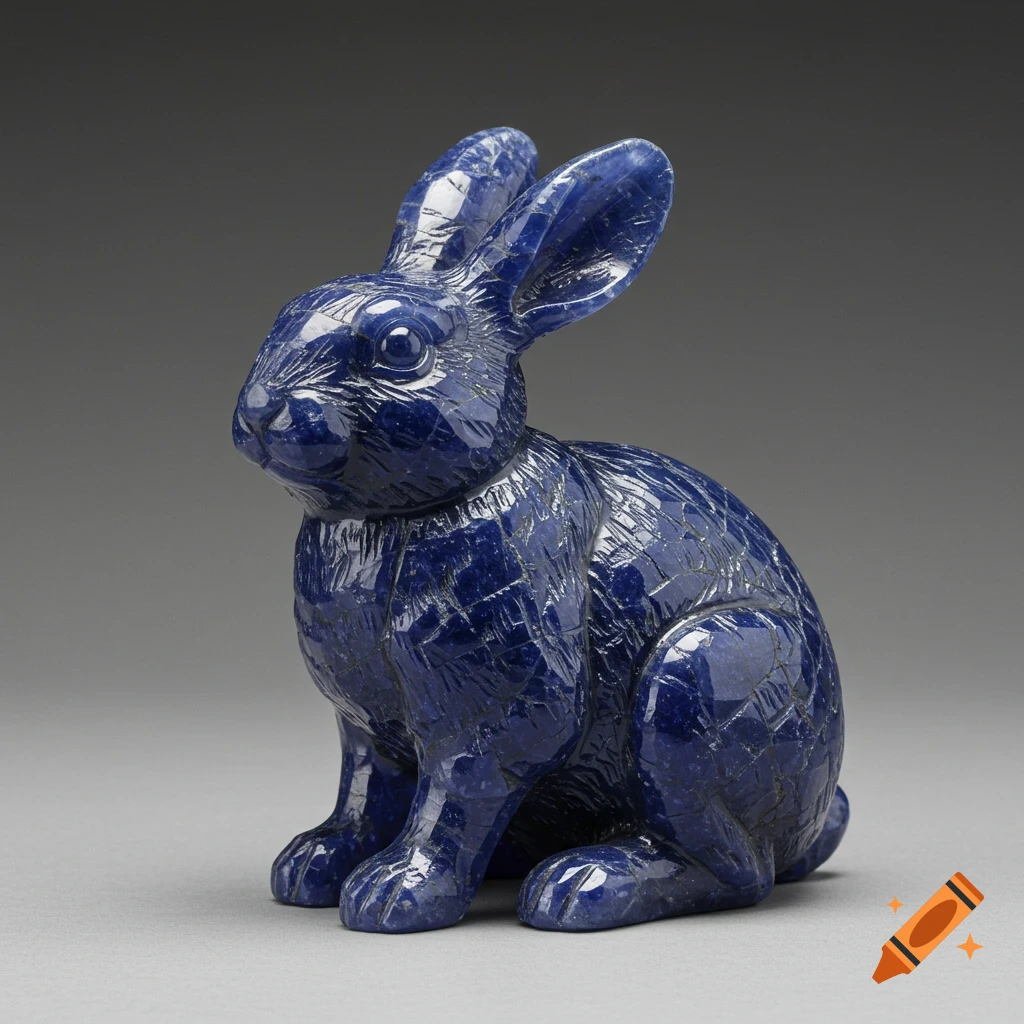 A detailed statue of a rabbit carved from blue sapphire.